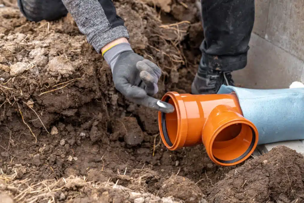 Installation de tuyaux PVC orange pour drainage extérieur Ouvrier appliquant du lubrifiant sur le joint d'un raccord PVC orange pour un système de drainage extérieur.